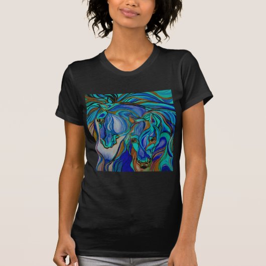 Wilde paarden in bruin en Blauwgroen T-shirt (Voorkant)