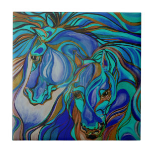 Wilde paarden in bruin en Blauwgroen Tegeltje