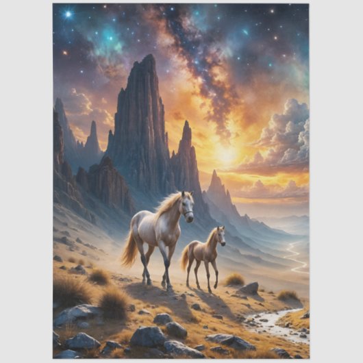 Wilde paarden in woestijn Mare en veulen onder ste Tissuepapier (Voorkant)