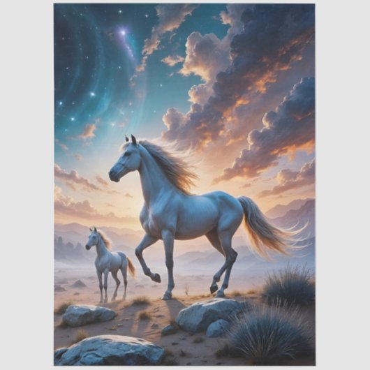 Wilde paarden merrie en veulen in woestijnlandscha tissuepapier (Voorkant)