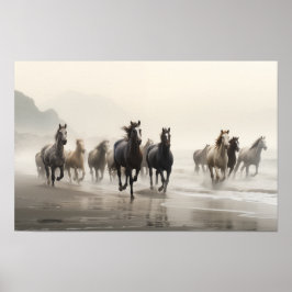 Wilde paarden op een mistig strand poster