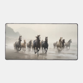 Wilde paarden op een nevelig strand bureaumat
