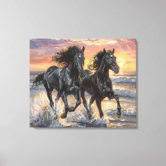 Wilde paarden op een strand bij zonsondergang canvas afdruk (Voorkant)