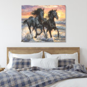 Wilde paarden op een strand bij zonsondergang canvas afdruk (Insitu (Slaapkamer))