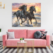 Wilde paarden op een strand bij zonsondergang canvas afdruk (Insitu (Woonkamer))