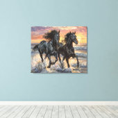 Wilde paarden op een strand bij zonsondergang canvas afdruk (Insitu (Houten vloer))