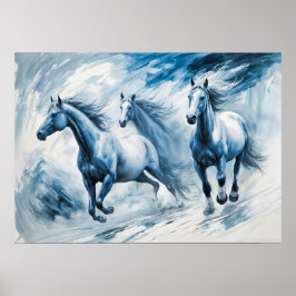 Wilde paarden rennen door de golven poster