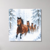 Wilde paarden rennen door een besneeuwd bos canvas afdruk (Voorkant)