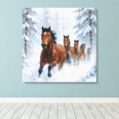 Wilde paarden rennen door een besneeuwd bos canvas afdruk (Insitu (Houten vloer))