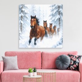 Wilde paarden rennen door een besneeuwd bos canvas afdruk