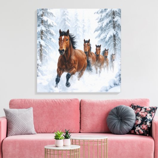 Wilde paarden rennen door een besneeuwd bos canvas afdruk (Insitu (Woonkamer))