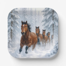 Wilde paarden rennen door een besneeuwd bos papieren bordje