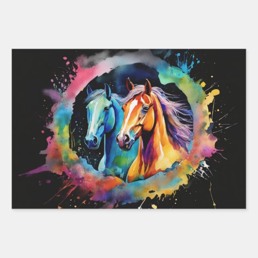 Wilde paarden rennen in de Waterverf Inpakpapier Vel (Voorkant)