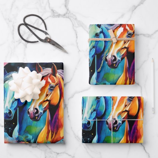 Wilde paarden rennen in de Waterverf Inpakpapier Vel (Voorkant)