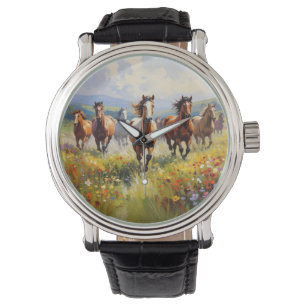 Wilde paarden rennen in een bloemenweide horloge