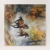 Wilde paarden rennend bos aquarel legpuzzel (Horizontaal)