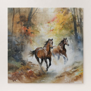 Wilde paarden rennend bos aquarel legpuzzel