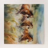 Wilde paarden rennend door grazige velden Aquarel Legpuzzel (Horizontaal)