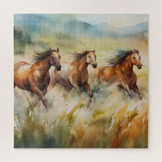 Wilde paarden rennend door grazige velden Aquarel Legpuzzel (Verticaal)
