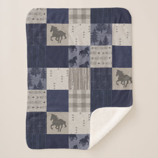 Wilde paarden Sherpa Blanket - Navy/Beige Deken
