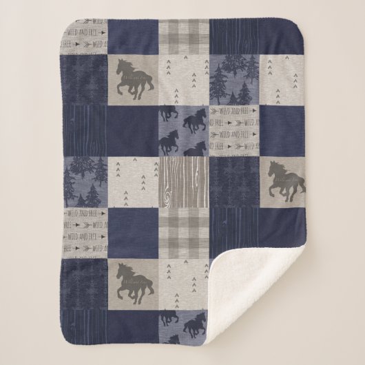 Wilde paarden Sherpa Blanket - Navy/Beige Deken (Voorkant)