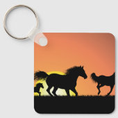 Wilde Paarden Silhouet bij Zonsondergang Sleutelhanger (Voorkant)