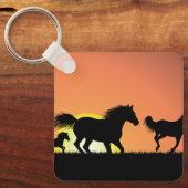 Wilde Paarden Silhouet bij Zonsondergang Sleutelhanger (Voorkant)