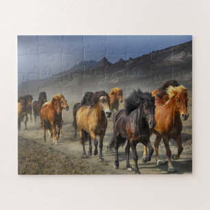 Wilde Paarden Stofwoestijn Bergen Heuvels Foto Legpuzzel