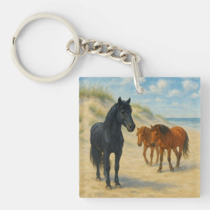 Wilde paarden van Corolla North Carolina Aquarel Sleutelhanger
