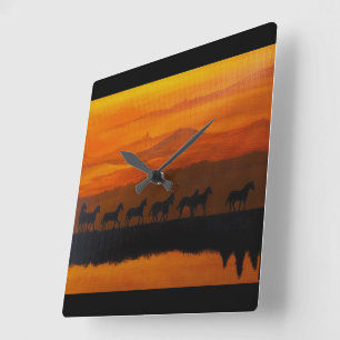 Wilde paarden van Montana Schilderij van Alfred Fo Vierkante Klok