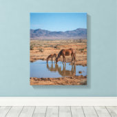 Wilde Paarden Woestijn Waterreflectie Kunst Canvas Afdruk (Insitu (Houten vloer))