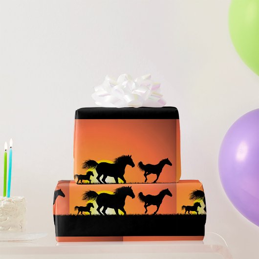 Wilde Paarden Zonsondergang Silhouet Cadeaupapier
