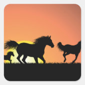 Wilde Paarden Zonsondergang Silhouet Vierkante Sticker (Voorkant)
