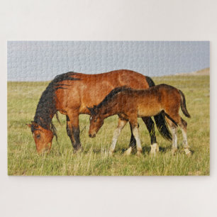 Wilde paardenmoeder en veulen grazen legpuzzel