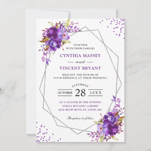 Wilde Paarse Floral Modern Geometric Lijst Wedding Kaart (Voorkant)