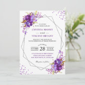 Wilde Paarse Floral Modern Geometric Lijst Wedding Kaart (Staand voorkant)
