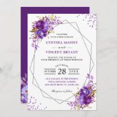 Wilde Paarse Floral Modern Geometric Lijst Wedding Kaart (Voorkant / Achterkant)