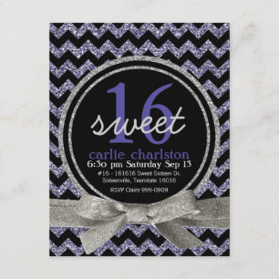 Wilde Paarse Glitter Kijk Chevron Sweet 16 Party Kaart