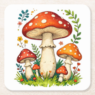 Wilde paddenstoelen en bloemen in gras bos natuur kartonnen onderzetters