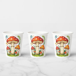 Wilde paddenstoelen en bloemen in gras bos natuur papieren bekers