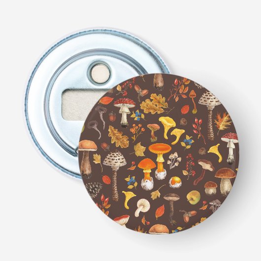 Wilde paddenstoelen op bruin button flesopener (Voorkant)