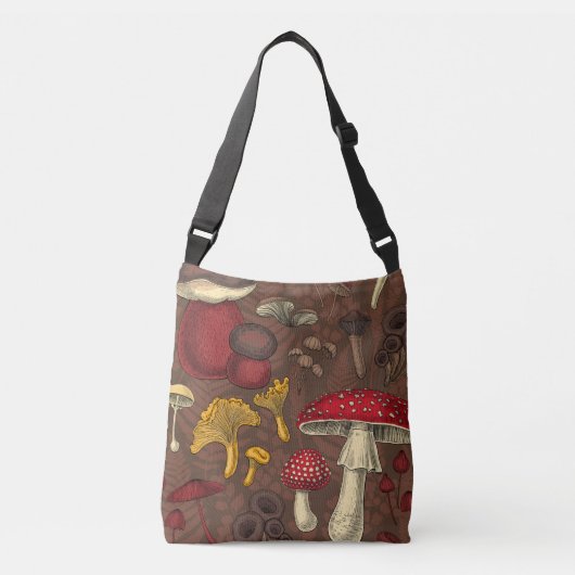Wilde paddenstoelen op bruin crossbody tas (Voorkant)
