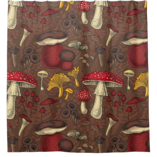 Wilde paddenstoelen op bruin douchegordijn (Voorkant)