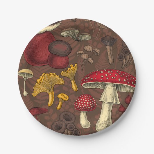 Wilde paddenstoelen op bruin papieren bordje (Voorkant)