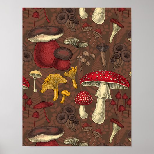 Wilde paddenstoelen op bruin poster (Voorkant)