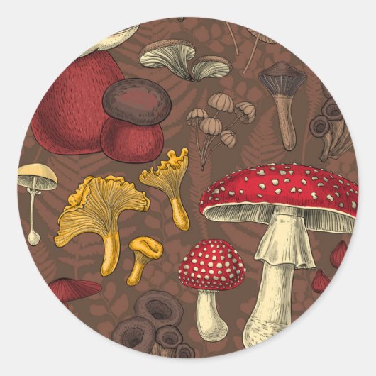 Wilde paddenstoelen op bruin ronde sticker (Voorkant)