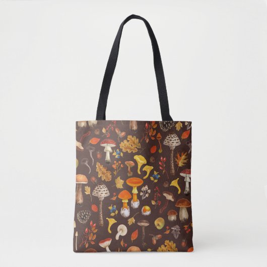 Wilde paddenstoelen op bruin tote bag (Voorkant)