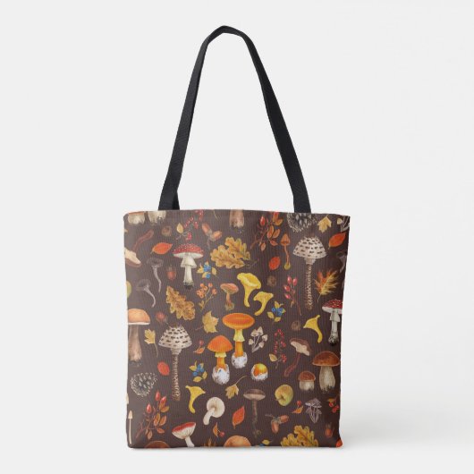 Wilde paddenstoelen op bruin tote bag (Achterkant)