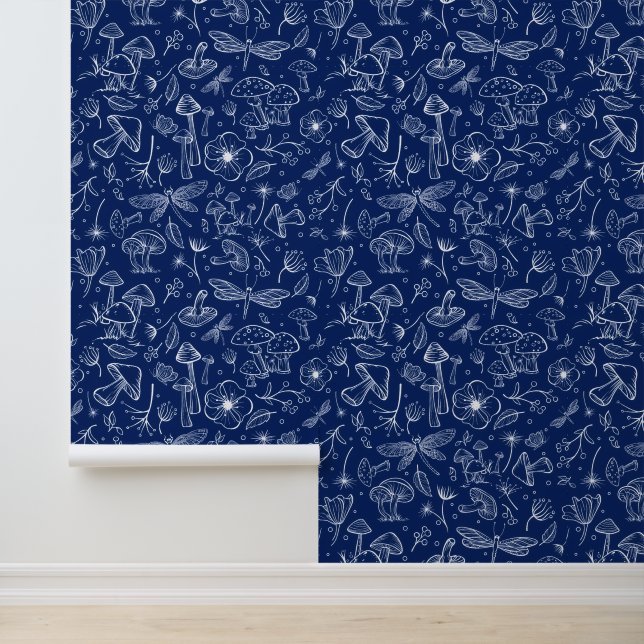 Wilde Paddenstoelen op Marineblauw Behang (Applicatie)