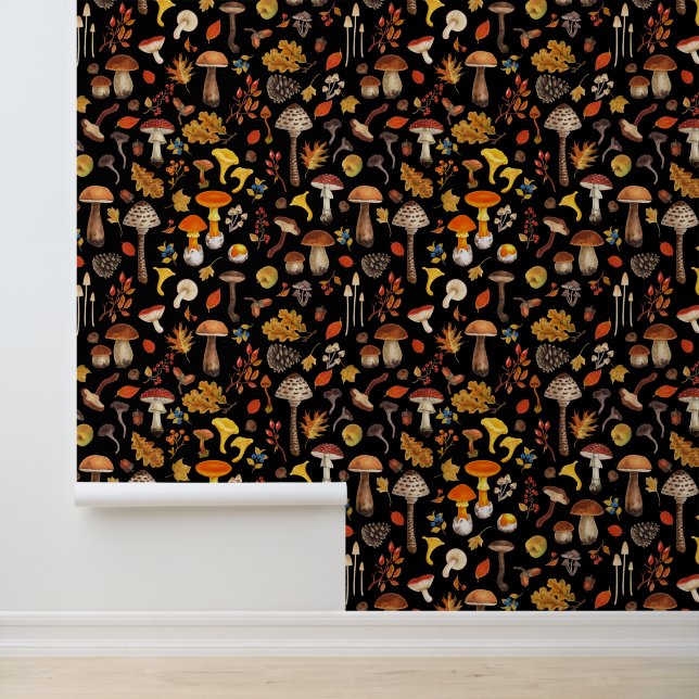 Wilde paddenstoelen op zwart behang (Applicatie)